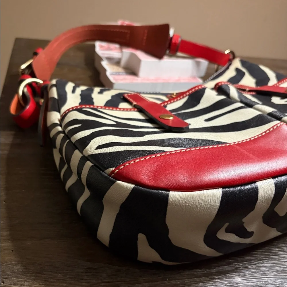 Dooney & Bourke Black and White Zebra Shoulder Bag with Red Trim - Picture 4 of 10